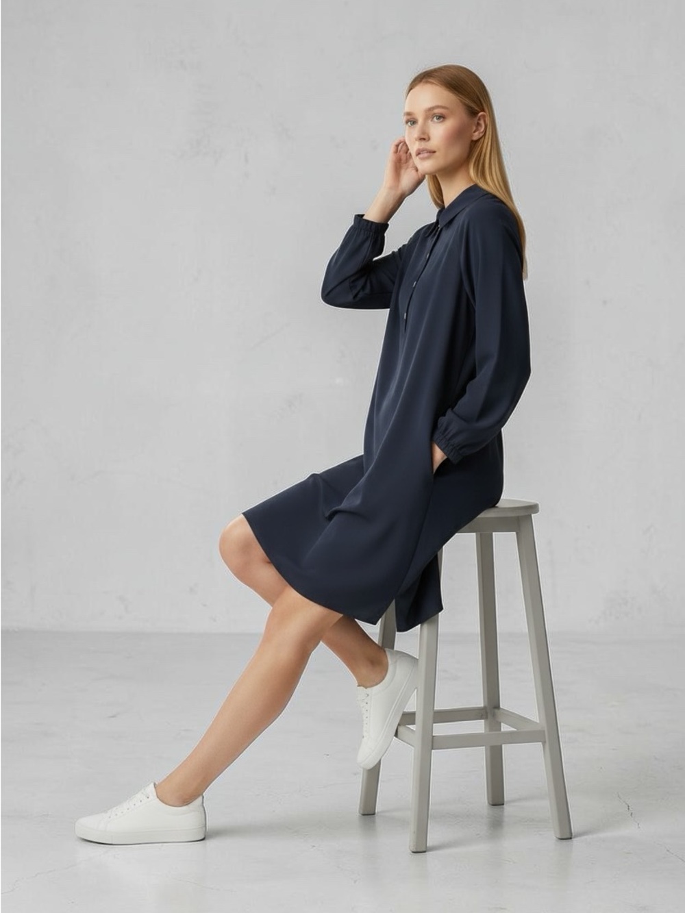 Women’s Tibi Navy Long Sleeve Knee Length Shirt Dress Size 8
